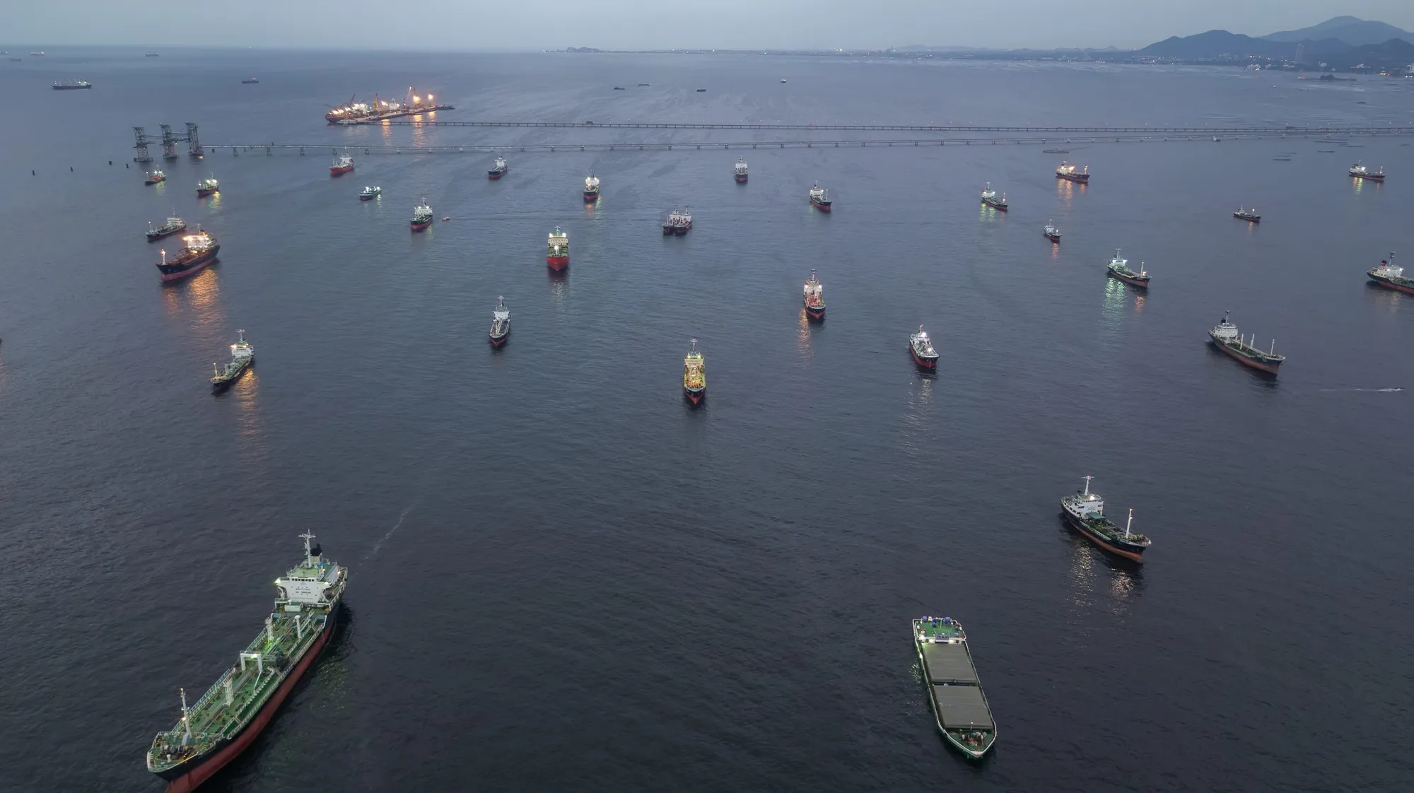Aerial view of a tanker underway at sea