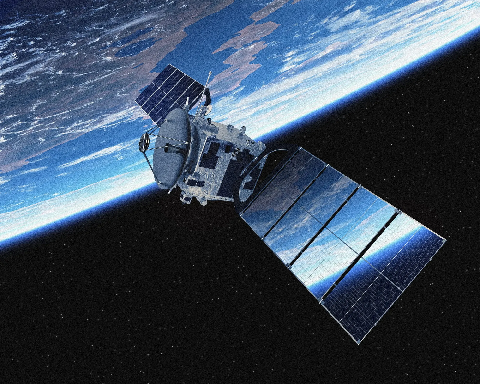 Satellite with solar arrays and dish antenna in orbit above Earth