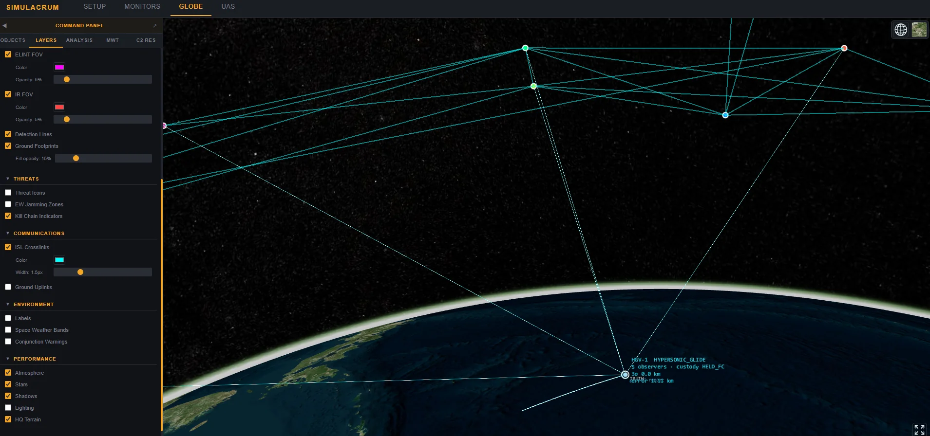 SIMULACRUM capture: inter-satellite crosslink mesh seen from orbit against the star field